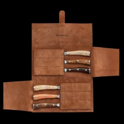 Ikon 6-Piece Mixed Wood Steak Knife Set with Leather Knife Roll