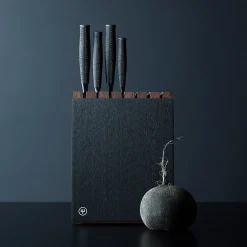 7-Slot Black Aluminum Knife Block with Wood Insert